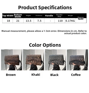 Tabella taglie e colori borsa leopardata disponibile in marrone, khaki, nero e caffè