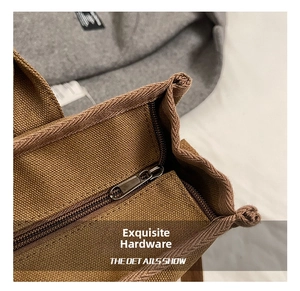 Close-up of durable metal zipper and refined stitching on brown canvas tote bag