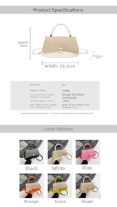 Detailed size and color chart for women's crossbody bag with PU and woven texture