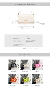 Detailed view of PU leather crossbody bag dimensions and six available color options