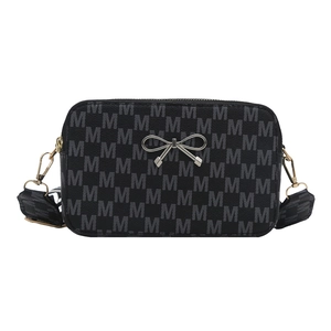 Chic black camera bag with M-letter pattern, wide shoulder strap and metal bow detail
