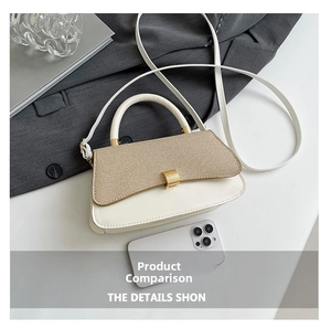 Detail of two-tone crossbody bag with beige leather and woven flap with gold clasp