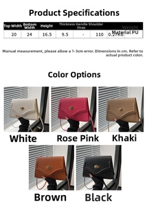 Detailed size chart for the PU leather crossbody bag featuring dimensions and color options