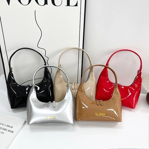 Glossy Patent Leather Baguette Bag Metallic PU Underarm Hobo Shoulder Handbag Fashion Streetwear For Women