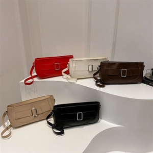 Women PU Leather Baguette Underarm Bag Korean Simple Solid Color Shoulder Bag With Square Metal Buckle Trendy Daily Handbag