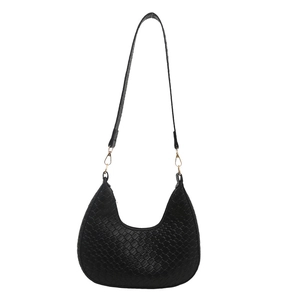 Classic black woven shoulder bag with golden lobster clasps and hobo crescent shape