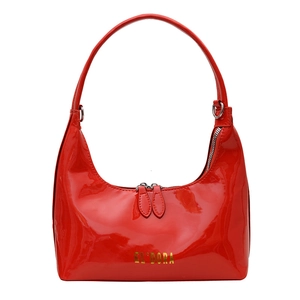 Glossy red patent leather hobo bag with gold logo and silver double zipper closure