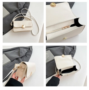 Detailed views of cream crossbody bag featuring gold buckle and inner zip pocket