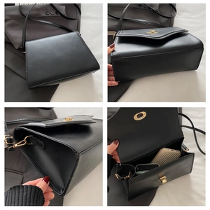 Detailed views of black crossbody bag showing gold lock, interior space, and side profile