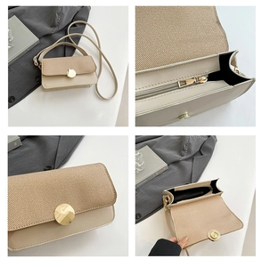 Detailed views of beige patchwork handbag with gold clasp, woven texture, and interior