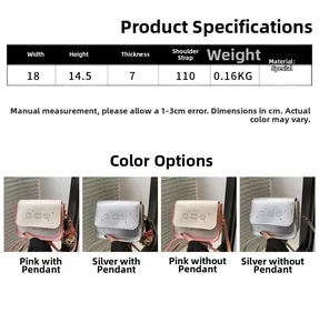 Detailed size chart of pink and silver matte crossbody bags with 18x14.5x7cm dimensions