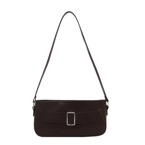 Minimalist chocolate brown crescent underarm bag with decorative belt and silver buckle