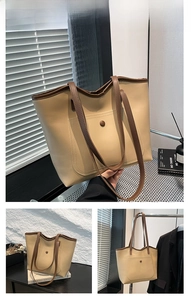 Khaki faux leather tote bag with dark brown straps and front snap pocket detail
