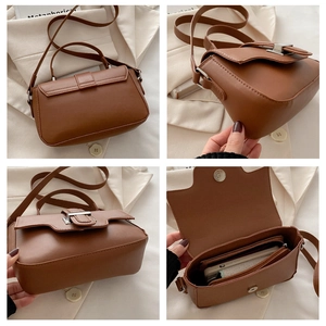 Detailed views of caramel crossbody bag showing leather texture and spacious interior