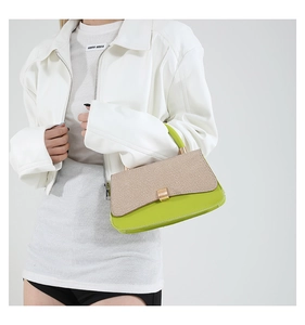 Detail of color-block green leather and beige canvas handbag with gold magnetic closure