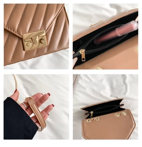 Details der karamellfarbenen Stepptasche mit goldener Schnalle und Innenfachansicht
