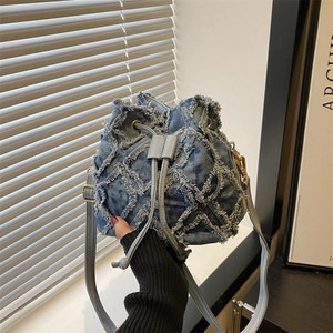 Borsa A Secchiello In Denim Da Donna Motivo A Rombi Sfilacciati Coulisse Tracolla Borsa A Spalla Retro Moda Blu