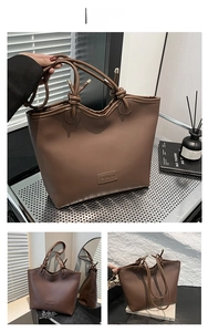 Detail of brown tote bag featuring unique rope knot handle and Fashion logo embossed