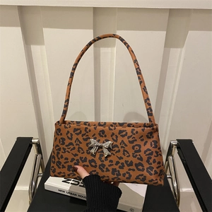 Fashion Leopard Print Underarm Bag For Women Vintage Nylon Shoulder Bag With Metal Butterfly Bow Decor Baguette Bag Handbag