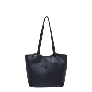 Classic black leather tote bag with multi-compartment design and snap pocket for office wear