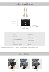 Detail showing distressed denim shoulder bag dimensions and internal specifications table