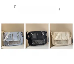Drei große Umhängetaschen in Blau Schwarz und Beige mit Netztaschen und Klarsichtfach