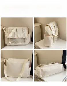 Vier-Gitter-Ansicht einer beigen Messenger-Bag mit Front- Seiten- und Rückansicht