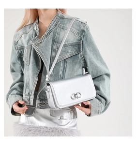 Silver metallic rectangular shoulder bag with CD interlocking buckle and slim strap