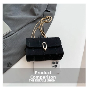 Close-up of distressed denim crossbody bag with vintage gold hardware and chain strap