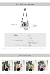 Detailed size specifications and four color variants of the geometric crossbody bag