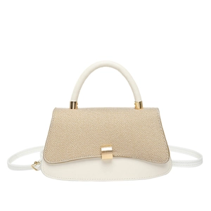 Elegant white leather and beige knit handbag with golden buckle and sleek round handle