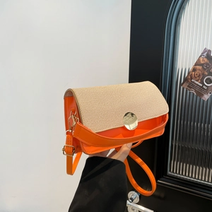 Chic orange leather and beige woven crossbody square bag with a round gold buckle
