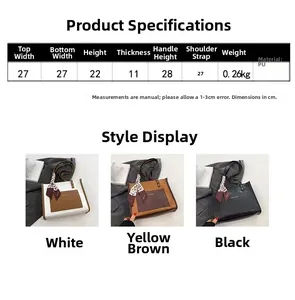 Detailed size chart and PU leather tote bag specifications with scarf decoration