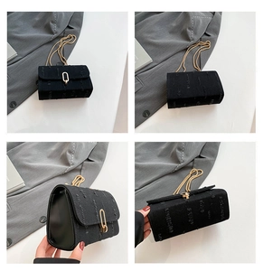Detailed four-angle view of black denim crossbody bag with textured fabric and gold chain
