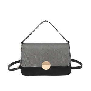 Contrast color small square handbag with grey twill texture and gold buckle detail