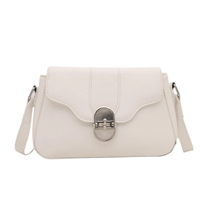 Chic white crossbody bag with unique silver semi-circle metal buckle and round bead accent