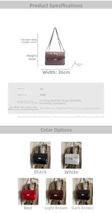 Detailed chart showing quilt chain bag dimensions 26x16x9cm and five color options