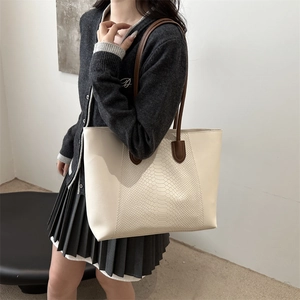 Women large beige tote bag with snakeskin texture and brown shoulder straps