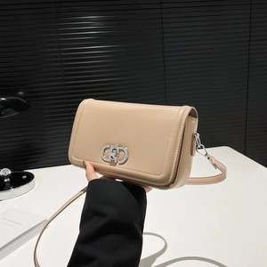 Chic beige small square shoulder bag with silver turn-lock and adjustable leather strap