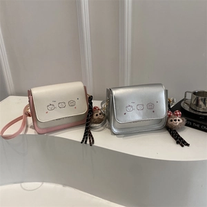Women Fashion Small Square Crossbody Bag Sweet Cartoon Print PU Leather Shoulder Bag Metallic Silver Pink Flap Bag For Daily