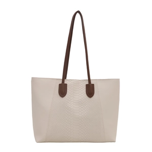 Minimalist beige tote bag with snakeskin texture panel and long brown shoulder straps