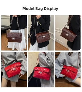 Detailed quilted rhombus chain bag showing red and brown options worn by model