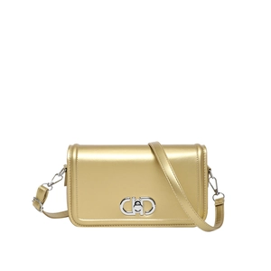 Metallic gold rectangular underarm bag with silver lock and adjustable shoulder strap
