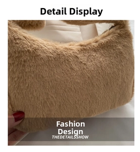 Detailed close-up of soft caramel brown faux fur texture on a plush shoulder bag