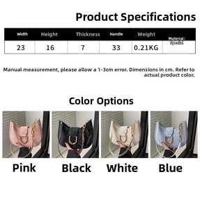 Detailed chart showing size 23x16x7cm for vintage shoulder bags in four colors
