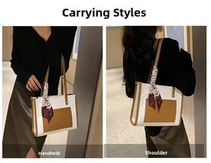 Dual display of tote bag showing handheld and shoulder carry styles with silk scarf detail