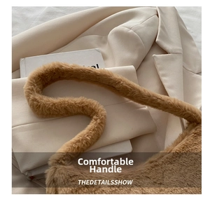 Detailed close-up of brown plush faux fur fabric on a fashion shoulder bag
