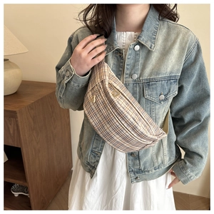 Classic plaid canvas waist bag with triangle metal zipper and adjustable strap