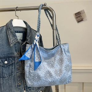 Large capacity light blue quilted tote bag with daisy embroidery and silk scarf handle