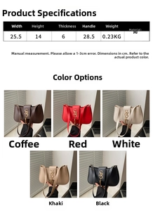 Size chart showing PU leather shoulder bag dimensions with color options and metal buckle details